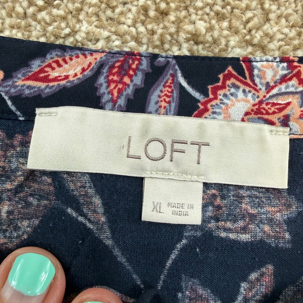 LOFT Womens XL Floral Peplum Blouse Tie Neck Ruffle Hem Long Sleeve Top - Picture 5 of 11